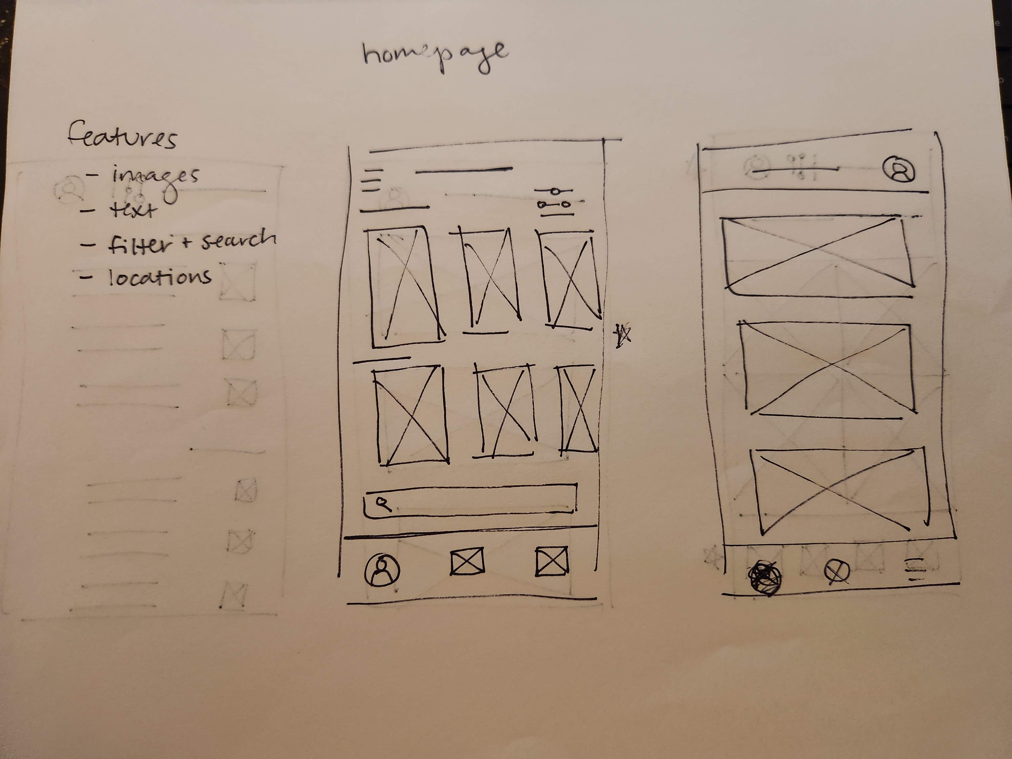 hand-drawn wireframe sketches for the homepage of movie pop.