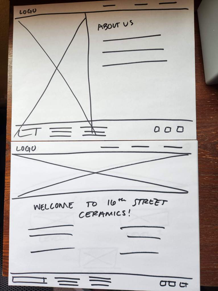 Paper wireframe options for the home and about us pages.