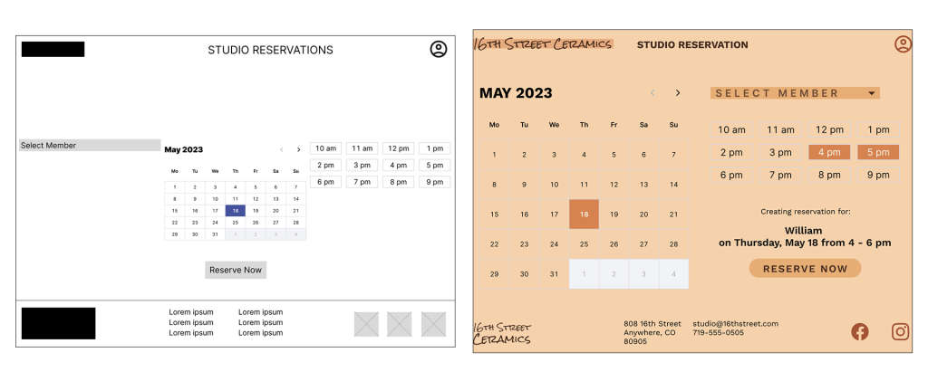A side-by-side of the digital wireframe and hi-fi mockup of the studio reservations page, showing adjusted calendar layout.